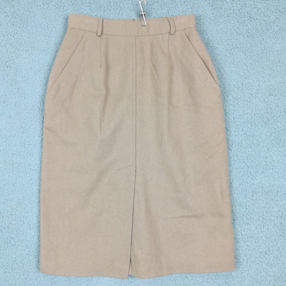 Vtg Claude Womens Skirt Wool Blend Pencil Straight Beige Front Slit Above Knee 4